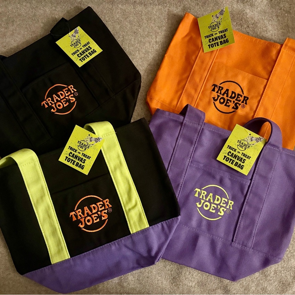 Trader Joe's Limited Edition Seasonal Canvas Tote Bag Set- Black, Orange, Purple